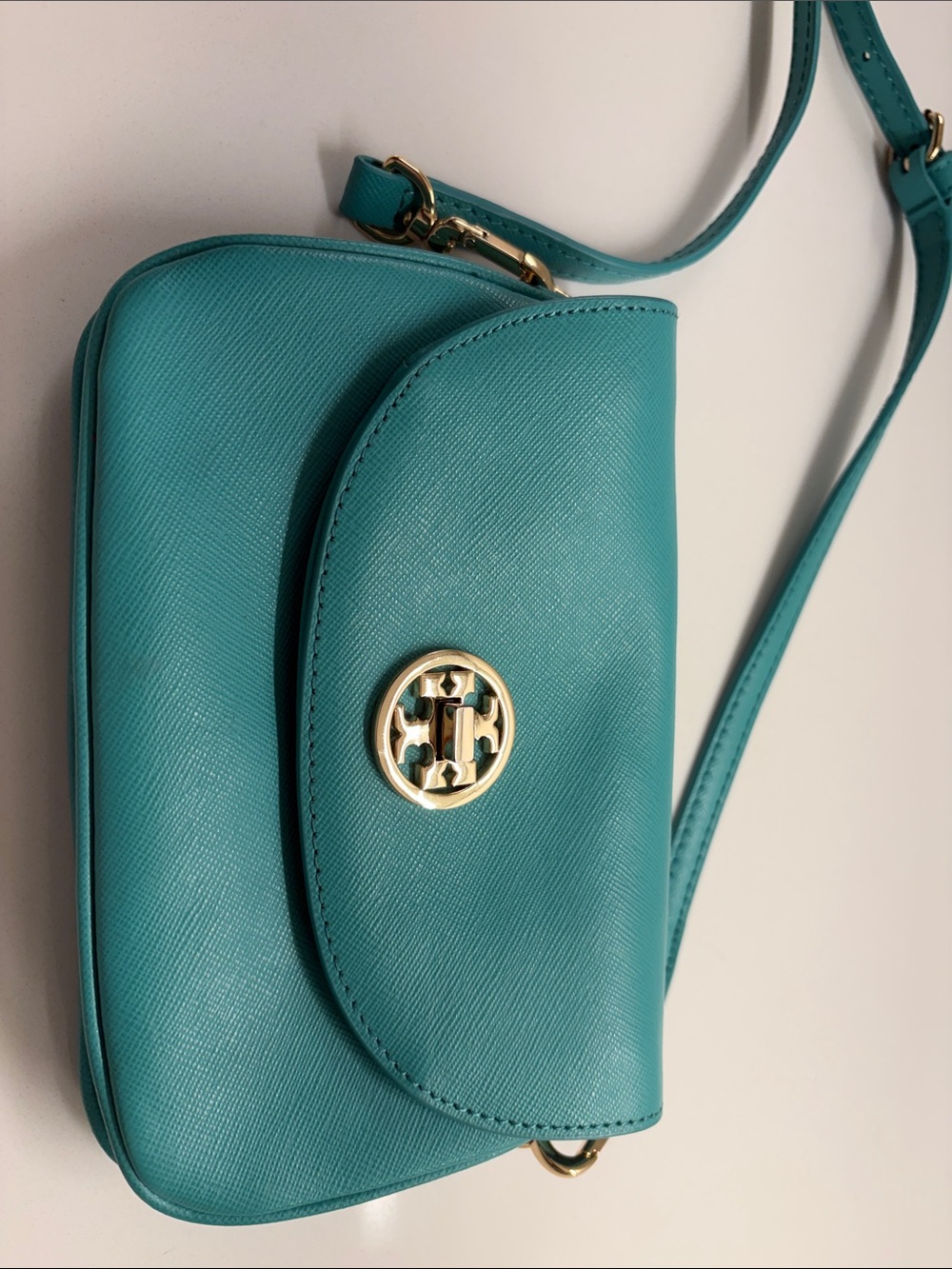Tory Burch Teal Leather Crossbody with Gold Emblem